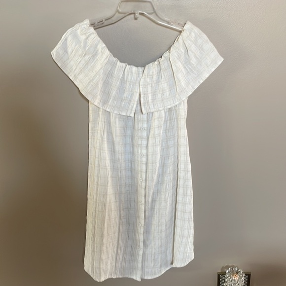 MAVEN WEST off the shoulder casual cream plaid dress / ruffle / button front Med - Picture 1 of 16